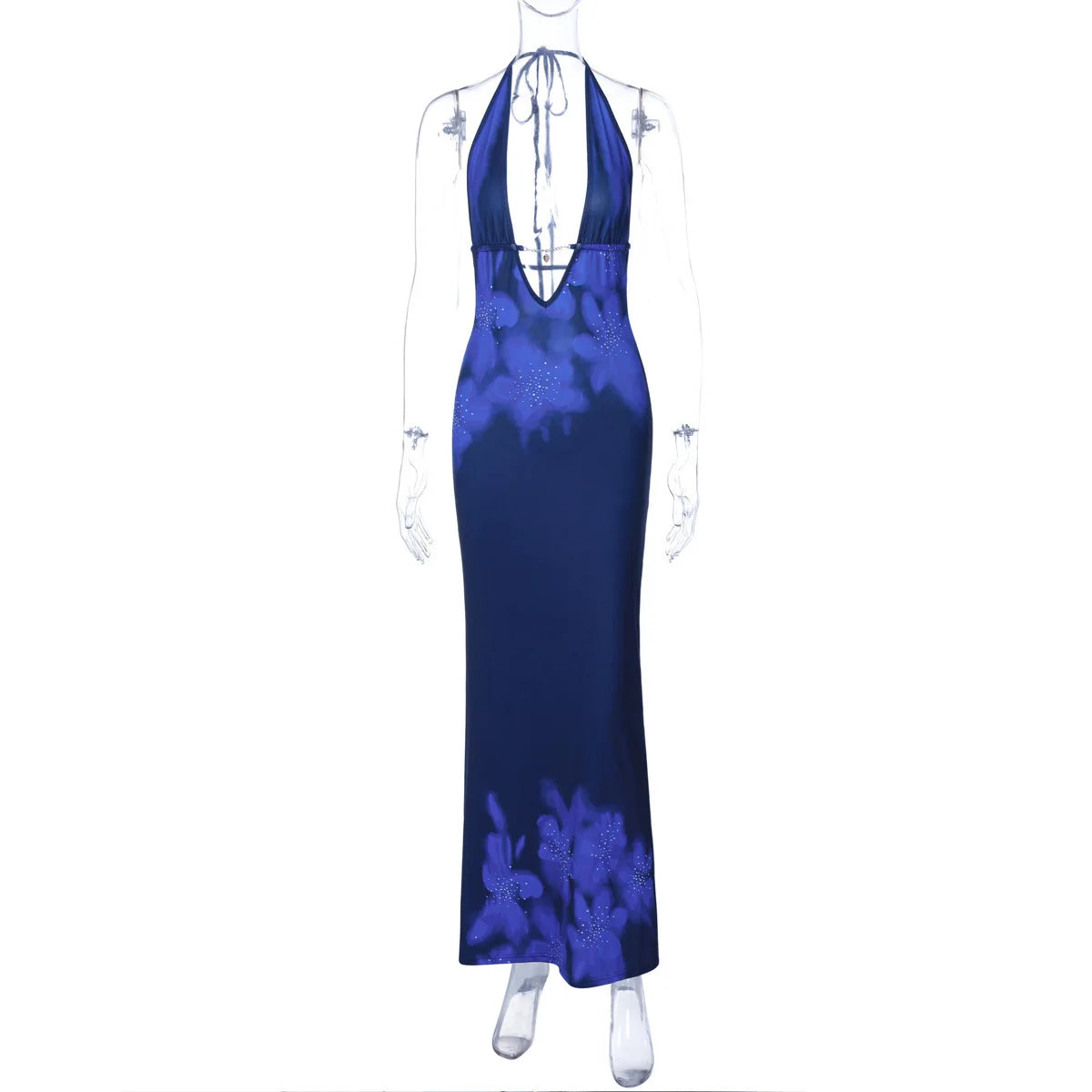 Halter Deep V Floral Crystal Embellished Bodycon Maxi Dress