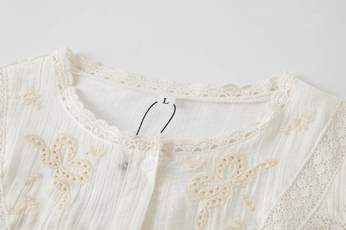 Solid Hollow Out Embroidery Blouse Women Spring Lace Trim O Neck Drawstring Blouses Elegant Casual Fashion Long Sleeve Shirt Top