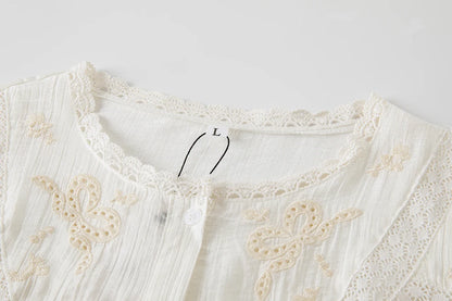 Solid Hollow Out Embroidery Blouse Women Spring Lace Trim O Neck Drawstring Blouses Elegant Casual Fashion Long Sleeve Shirt Top