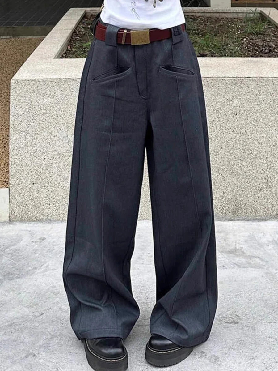 Retro Gray Solid Suit Pants Women Big Size Pleated Front High Waist Straight Wide Leg Trousers Cleanfit Work Casual Clothes