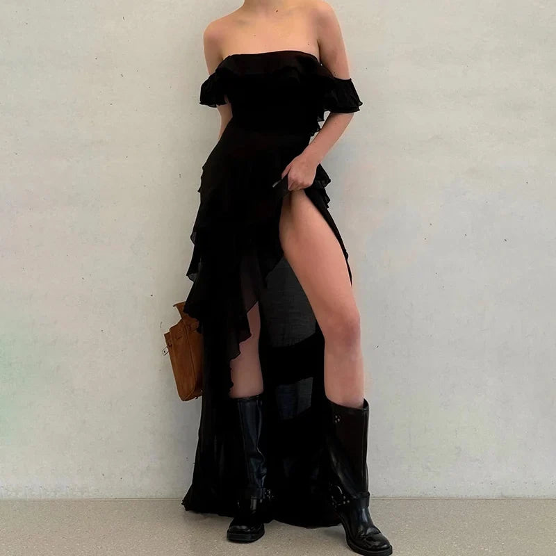 Chic Ruffle Backless Dress Women Slash Neck Sleeveless Lace Up Irregular Hem Floor-length Dresses Female 2025 Spring Lady Robe