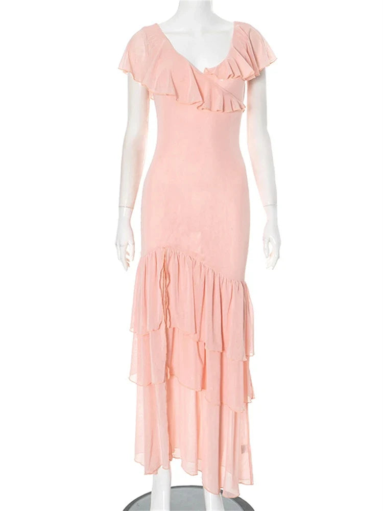 Mesh Patckwork Ruffled Edge Tank Maxi Dress Women V-neck Backless Irregular Waist Cinching Slim Long Dress Party Clubwear