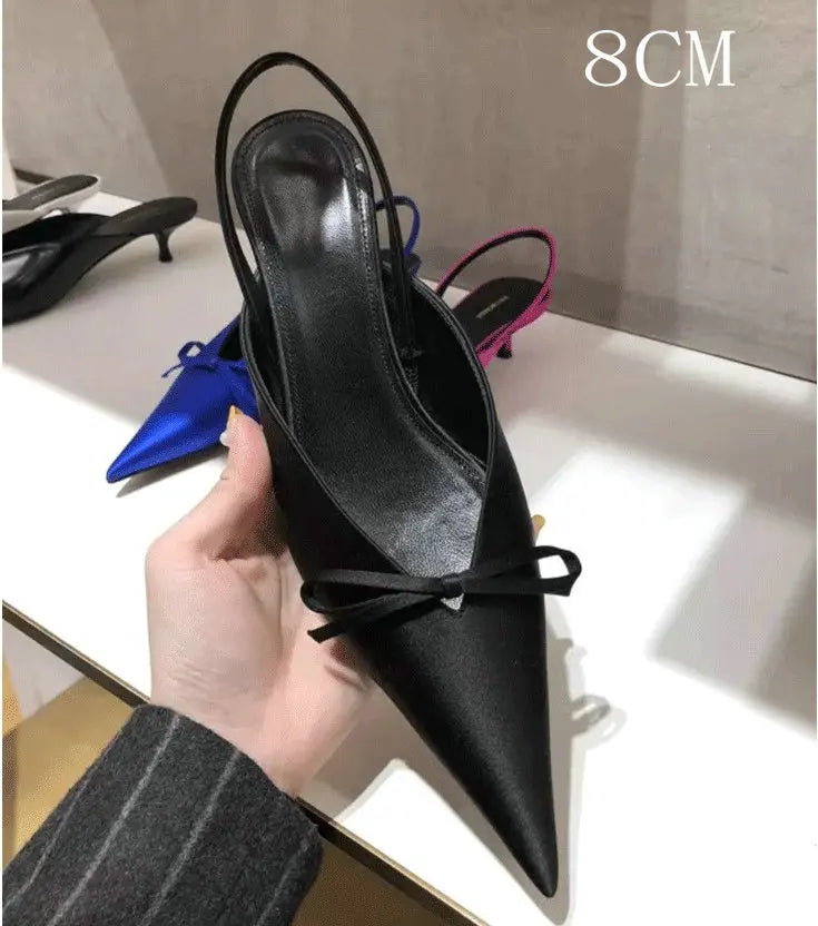 Super Hot Pointy Bow V-Top Skinny Heel Bun Towing Summer Muller Shoes Fashion Leather Low Heel Pumps