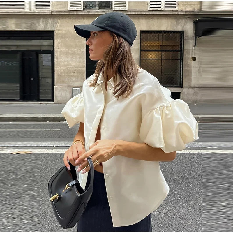 Elegant Women's Satin Puff Sleeve Shirt Loose Lapel Single Breasted Female Blouses 2025 Summer Lady Solid Chic All-match Tops