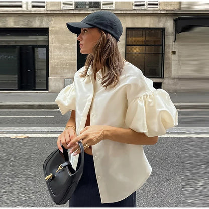 Elegant Women's Satin Puff Sleeve Shirt Loose Lapel Single Breasted Female Blouses 2025 Summer Lady Solid Chic All-match Tops