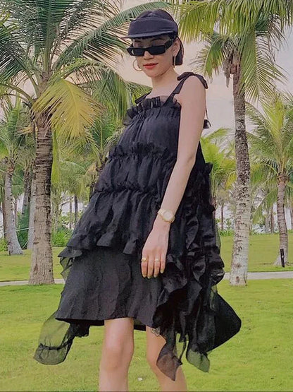 Dark Black Suspender Summer Dress for Women Irregular Ruffles Sweet Fairycore White Dresses Fashion Chic Lady Clothes