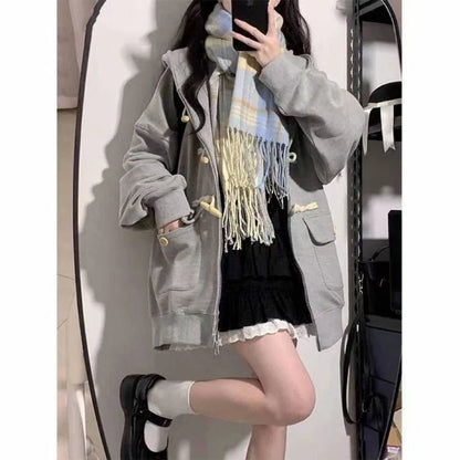 Women's Cardigan Hooded Sweatshirt Cute Loose Coat Zipper Spring Autum Long Sleeves Buttons Pockets Solid Color Tops Jacket