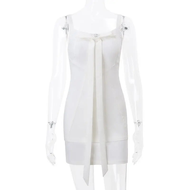 Dress Bow Patchwork Low-Cut Sleeveless Mini Dresses White Elegant French Gentle With Bodycon Skirts Sexy European American Style