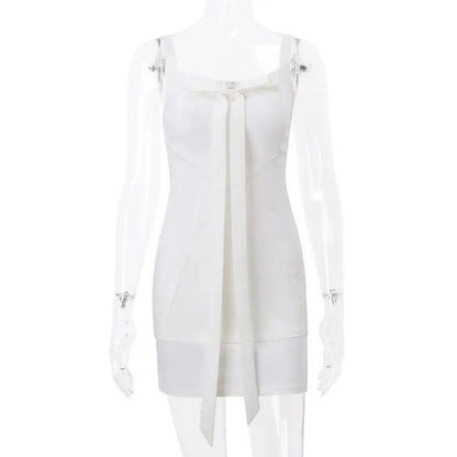 Dress Bow Patchwork Low-Cut Sleeveless Mini Dresses White Elegant French Gentle With Bodycon Skirts Sexy European American Style