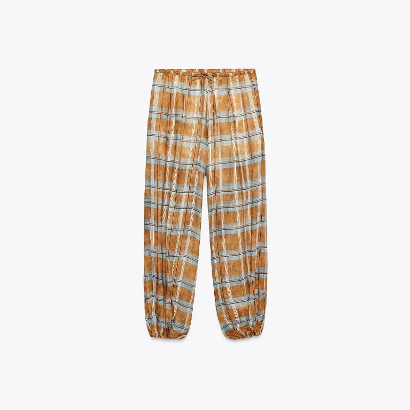 Retro Plaid Loose Jogger Pant Women Chic Casual Drawstring Long Pants Female 2025 Autumn Versatile Fashion Street Trousers