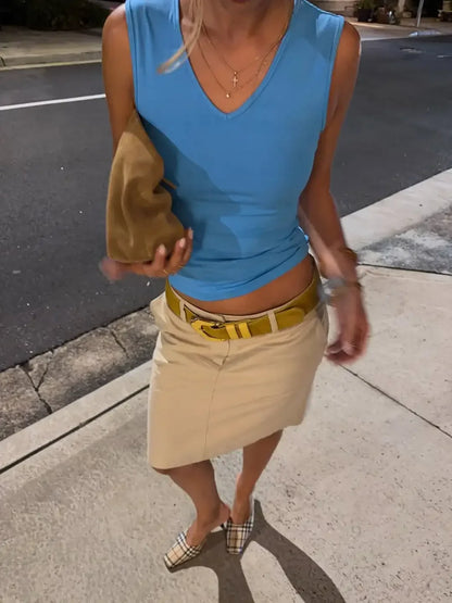 women fashion Light Blue V-neck Slim Fit Crop Tops Solid Color Sleeveless Tight Fitting Vest New Lady Casual Street Outfits