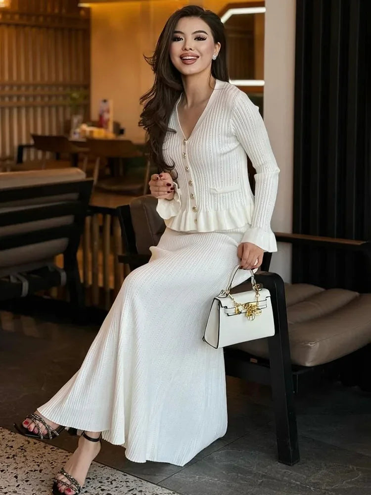 Ribbed Knit Ruffle Hem Button Front Cardigan and Mermaid Midi Skirt Set