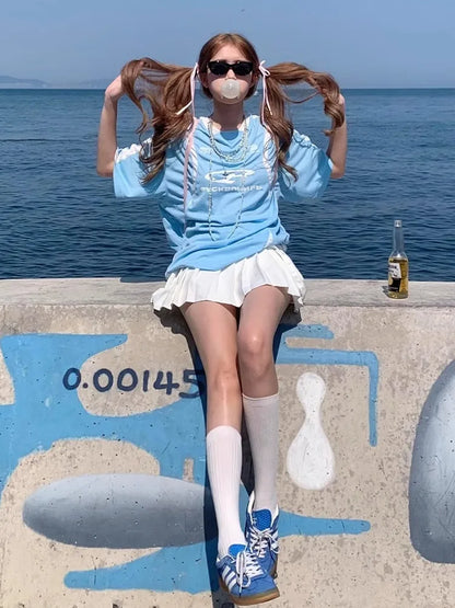 Y2k Blue Contrast Oversized T Shirt Sport Short Sleeve V-neck Tops American Retro Patchwork Design Women Clothes Summer