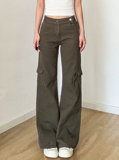 Streetwear Low Rise Jeans Baggy Zip-up Pockets Patchwork Loose Denim Pants Korean Fashion Cargo Pants for Women y2k Chic