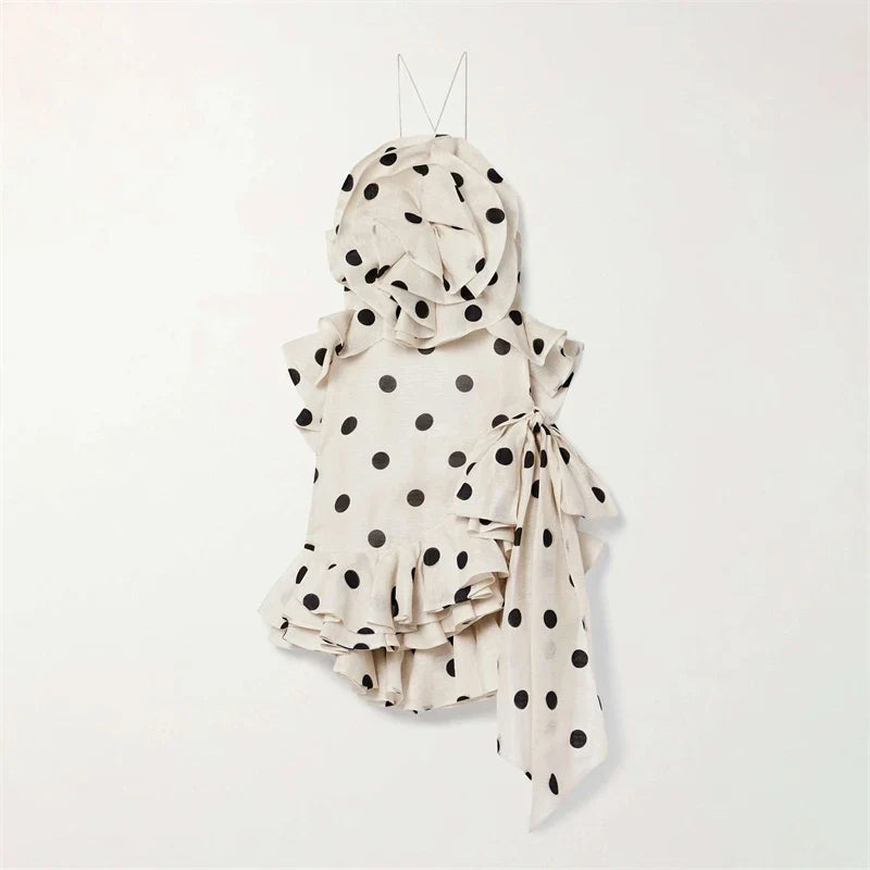 Linen Silk Classic Dot Print 2025 New High Quality Sleeveless Backless Appliqued Irregular Hem Ruffles Women White Mini Dress