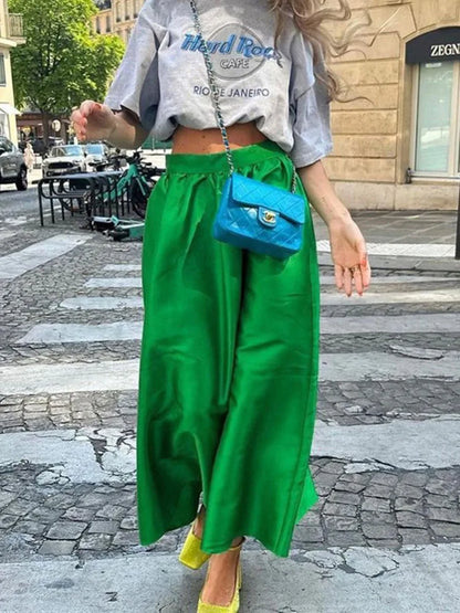 Silk Patchwork High Waist Long Skirt Women's Summer Solid Color Skirt Fashion Simple Loose New Women's Long Skirt 2024