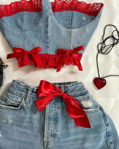 Y2K Knitted Splicing Short Skirt Two Piece Set Women Knitted Long Sleeved Sweater Cute Bow Mini Pleated Skirt Autumn Winter Suit