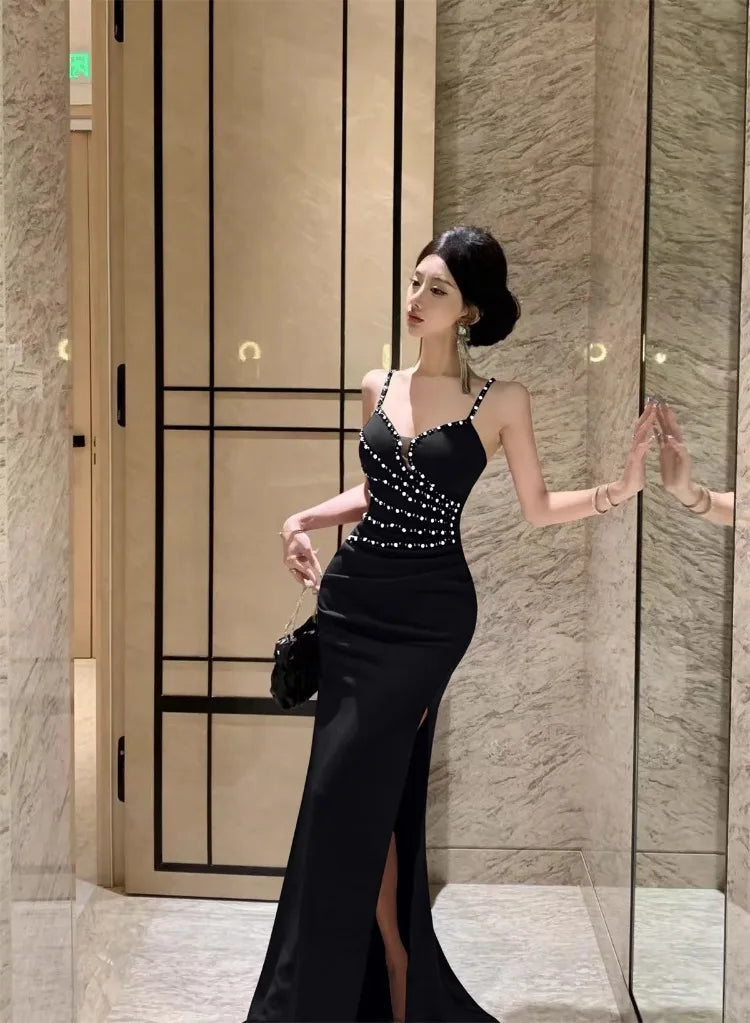 Dresses Women Sleeveless Sexy Split Slim Slash Neck Backless Rhinestone Elegant Temperament Party Dress Female Fashion