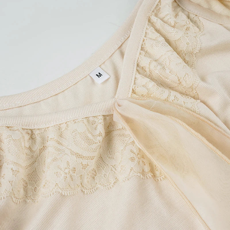 Lace Patchwork Tie-up Bow V-neck Top Summer Tiered Flying Sleeve T-shirt Coquette Aesthetic Slimming Clothing Women