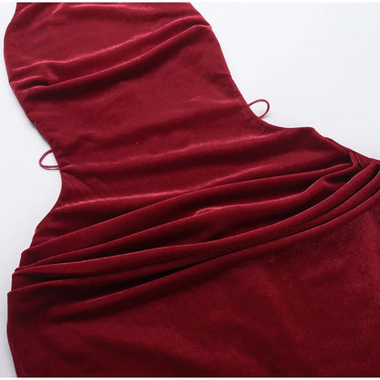 Sexy Velvet Backless Sling Long Dress Women Retro Solid Sleeveless Lace Up Slim Evening Dresses Female Elegant Chic Party Street