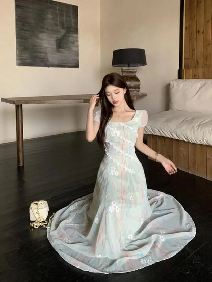 French High-Grade Sweet Dress Women's New Summer Fashion Chic Print Slim Medium Length Pear Shape Evening Dresses