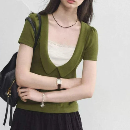 Fake Two Doll Neck Tops with Women's Lace Patchwork Waist Cinching Short Sleeved T-shirt