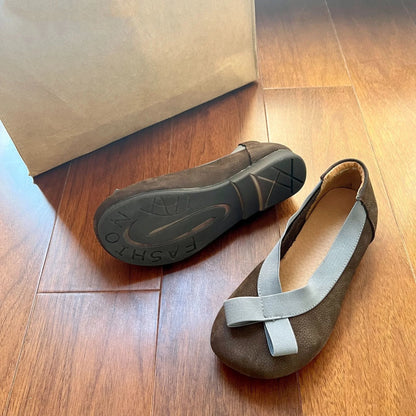 Pea Shoes Genuine Leather Soft Sole Brown Retro Wide Toe Slip-On Mommy Flats One Pedal Slip-on Flat New Women's Shoes