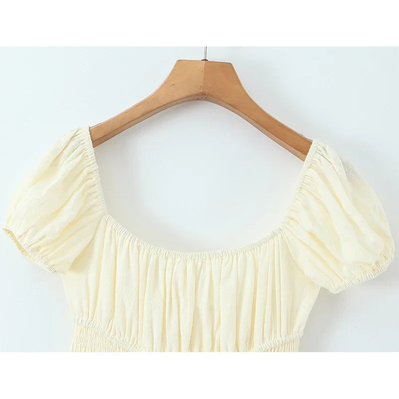 Vacation Style Casual Summer Dresses 2026 Women Square Neck Short Sleeve A-line Midi Dress Solid Robe