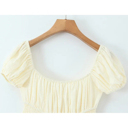 Vacation Style Casual Summer Dresses 2026 Women Square Neck Short Sleeve A-line Midi Dress Solid Robe