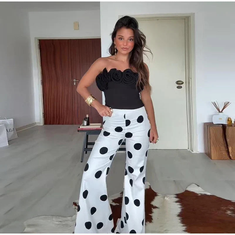Sexy Polka Dot Women's Top Pants Sets Off Shoulder Backless Tube Top High Waist Straight Pant Female Suit Summer Lady Outfits