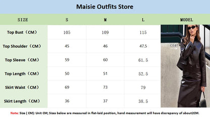 Women Elegant Ancora Red Zipper Leather Jacket 2 Piece Set Fashion High Waist Solid Cropped Mini Skirt Suit Lady Streetwear