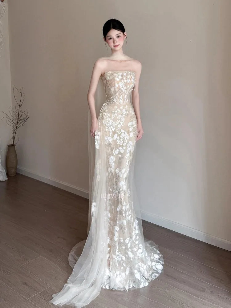 Elegant Strapless Mermaid Wedding Party Dresses Shiny Sequins Court Training Lace Decal Prom Gown Customized Vestido De Novia