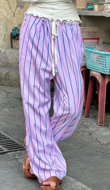 New Fashion Women Loose Pants Stripe Drawstring Elastic Waist Trousers Spring Summer Casual Sweatpants Hot Sale S M L