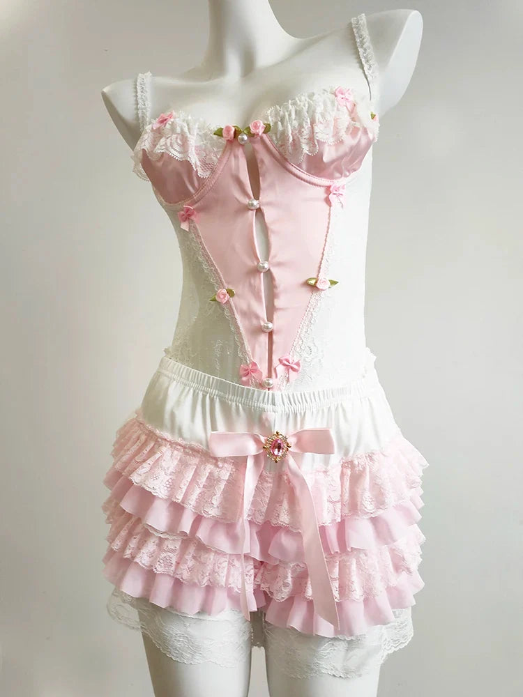 Sweet Bodysuits Women Floral Bows Decoration Mesh Patchwork Lace Trim Hollow Out Backless Bottoming Tops Cute Tee Kawaii Clothes
