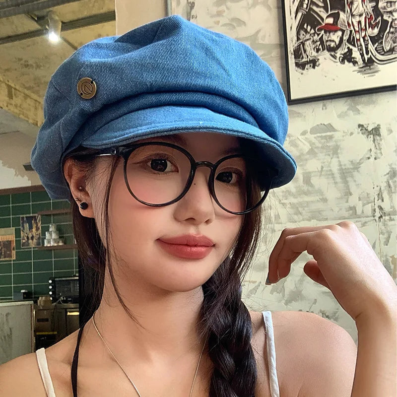 Japanese Retro Denim Berets Cap for Women Spring and Summer New Travel Casual Versatile Show Face Small Cloud Newsboy Hats