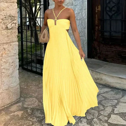 Halter Criss Cross Cutout Waist Sunray Pleat Maxi Dress