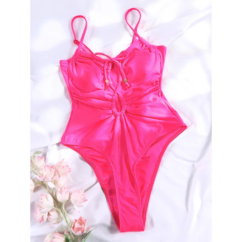Sexy One Piece Suits String Swimsuit Women 2024 Hollow Out Swimwear Bandage Bathing Suit Pink Monokini High Cut Beachwear Summer