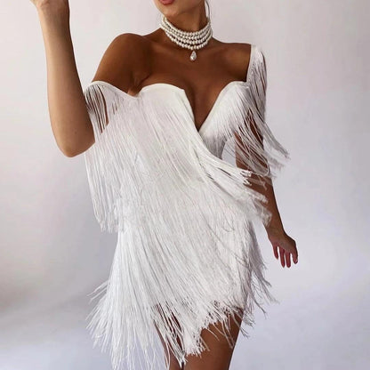 Off Shoulder Tassel Trim Ruched Bodycon Mini Dress