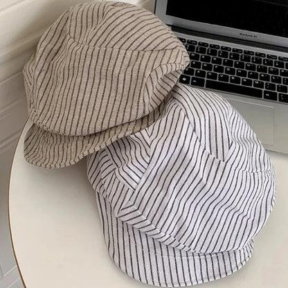 Japanese Classic Color Matching Striped Newsboy Hats Women Summer Breathable Versatile Show Face Small Retro Literary Berets