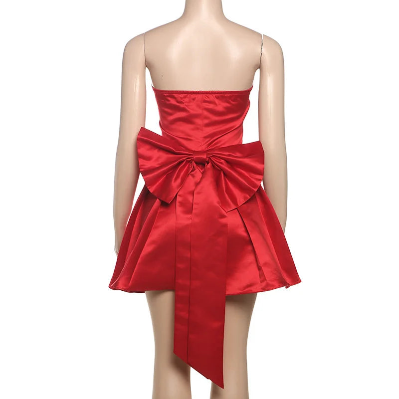 Sexy Red Bow Backless Hollow Out Mini Dress Turtleneck Short Sleeve Pad Shoulder Dresses Evening High Street Party Vestidos
