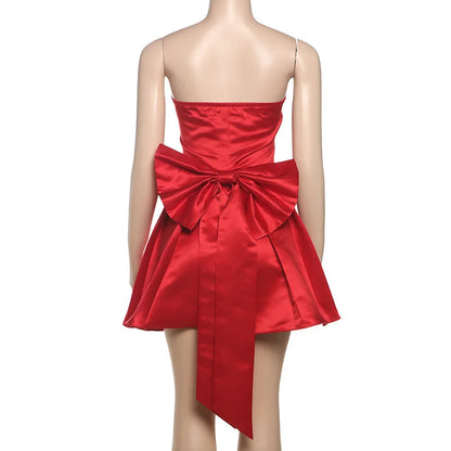 Sexy Red Bow Backless Hollow Out Mini Dress Turtleneck Short Sleeve Pad Shoulder Dresses Evening High Street Party Vestidos