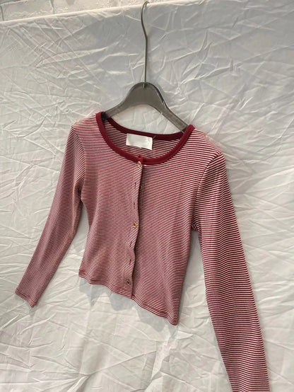 Red Striped Y2k Vintage 2 Piece Set Women Buttons O Neck Crop Top Long Sleeve+Drawstring Shorts Sweet Fashion Slim Shorts Sets