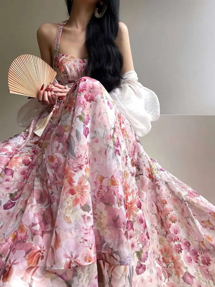 Suspender Dress Floral French Exquisite Print Summer Vacation Seaside Swing Long Women'S Long Dress