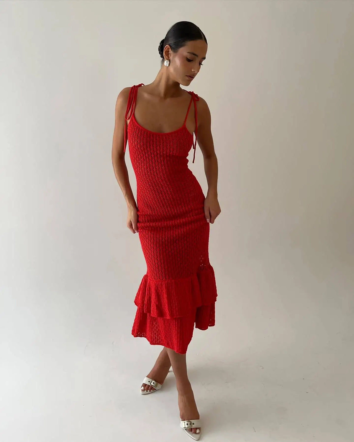 Open-Knit Halter Spaghetti Strap Tiered Ruffle Hem Midi Dress