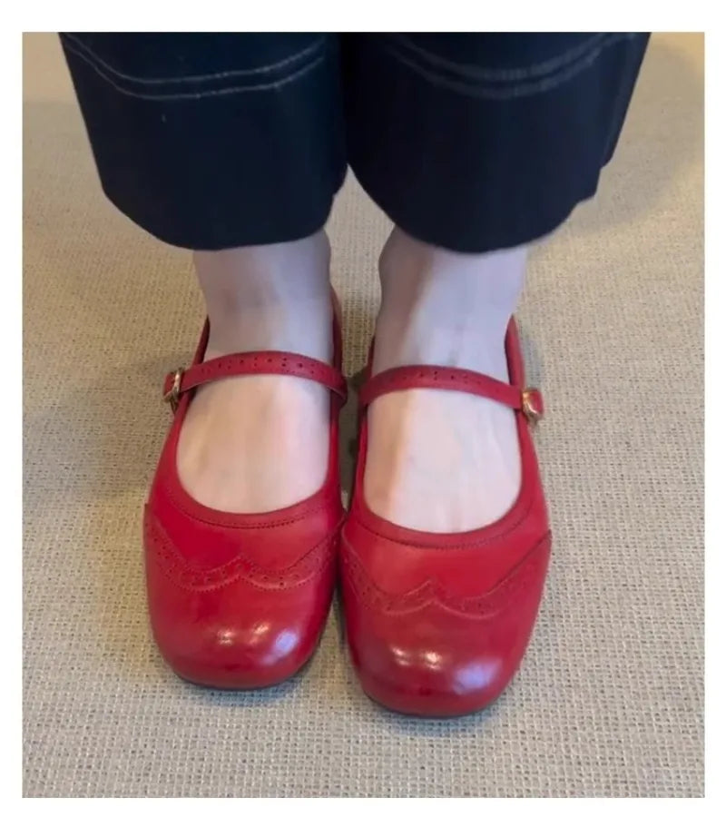 Retro Round Head Red Single Shoes Shallow Mouth One-word Buckle with Engraved Small Leather Shoes Flat Mary Jane Shoes