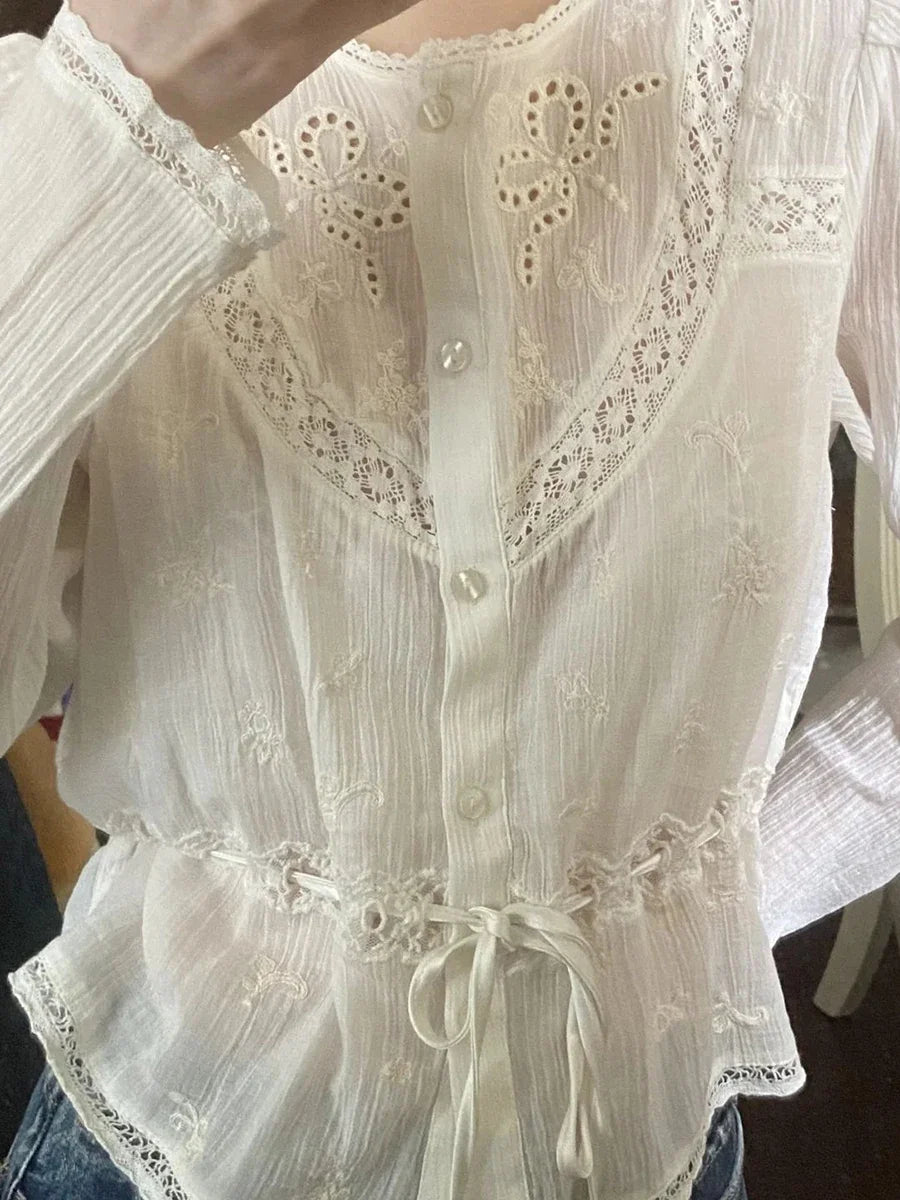 Solid Hollow Out Embroidery Blouse Women Spring Lace Trim O Neck Drawstring Blouses Elegant Casual Fashion Long Sleeve Shirt Top