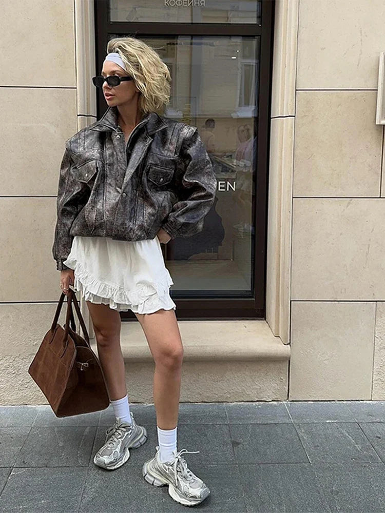 Women's Cropped PU Leather Jacket Chic Turn Down Collar Zipper Gradient Color Female Retro Coat Autumn Motorcycle Outwears