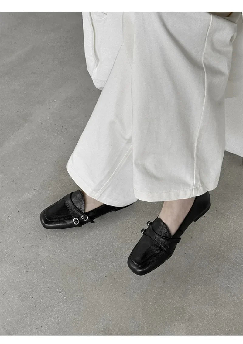 Elegant Burgundy Square Toe Loafers Women Fashion Metal Buckle Stitching Designer Shoes Comfortable Commuting Flat Office Shoes