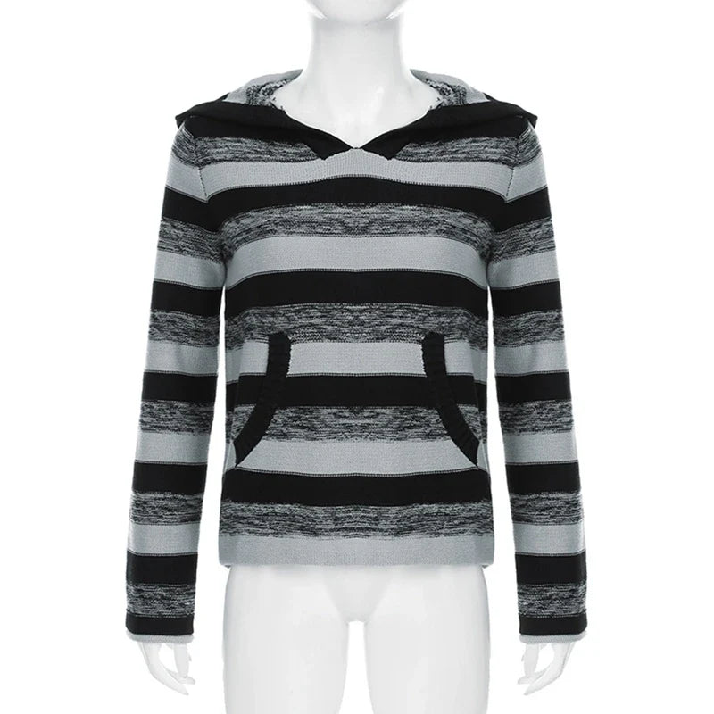 Aesthetic Striped Knitted Hooded Sweaterwith Pockets Autumn Casual Long Sleeve Pullovers Tops 90s Cyber Grunge Vintage Jumpers