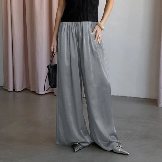 Women's Fashion Satin Pants Solid Vintage Lace Up Patchwork Loose Trouser Summer Elegant Casual Commute Female Trousers